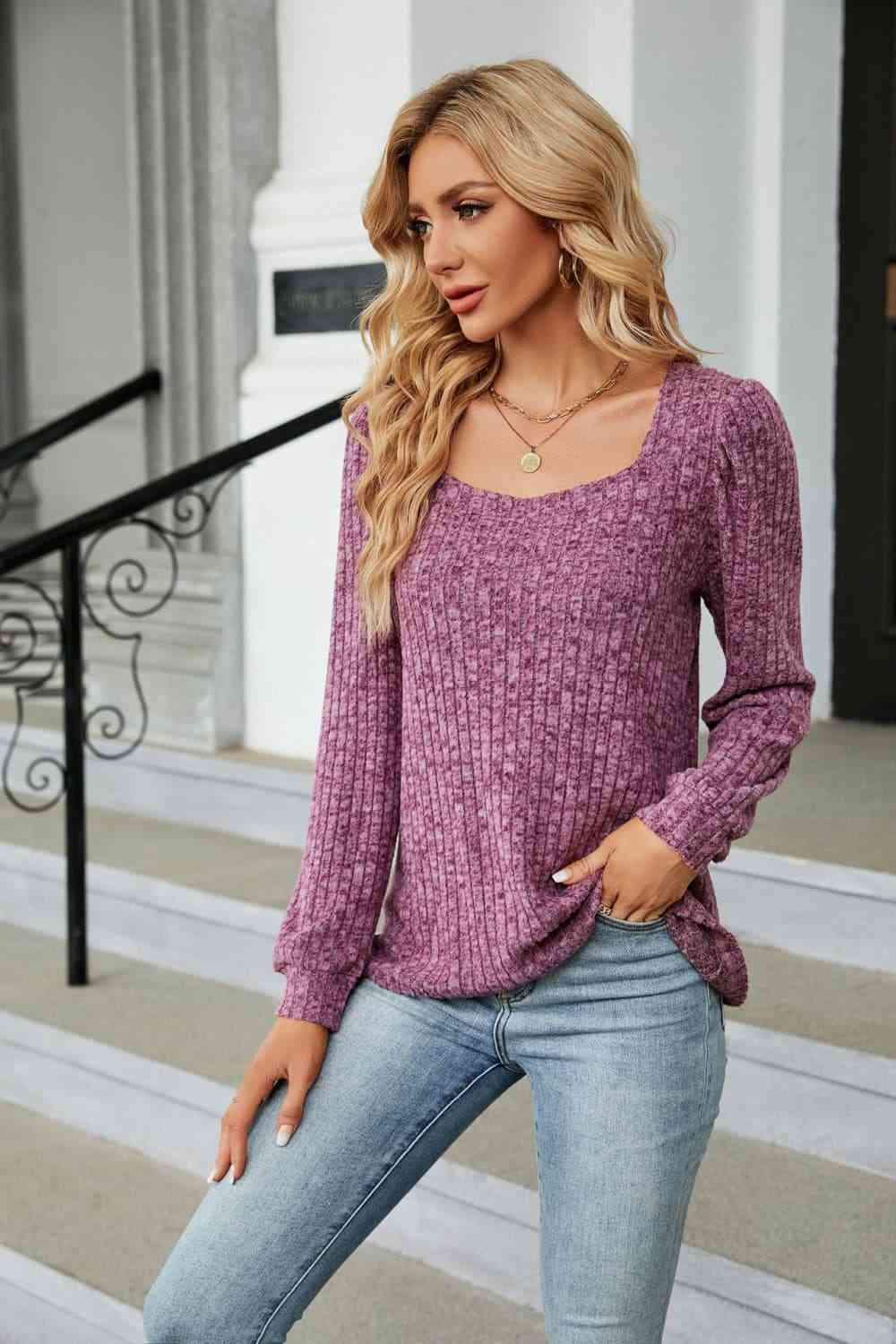 Ribbed Square Neck Long Sleeve T-Shirt Women's T-Shirts - Tophatter Daily Deals