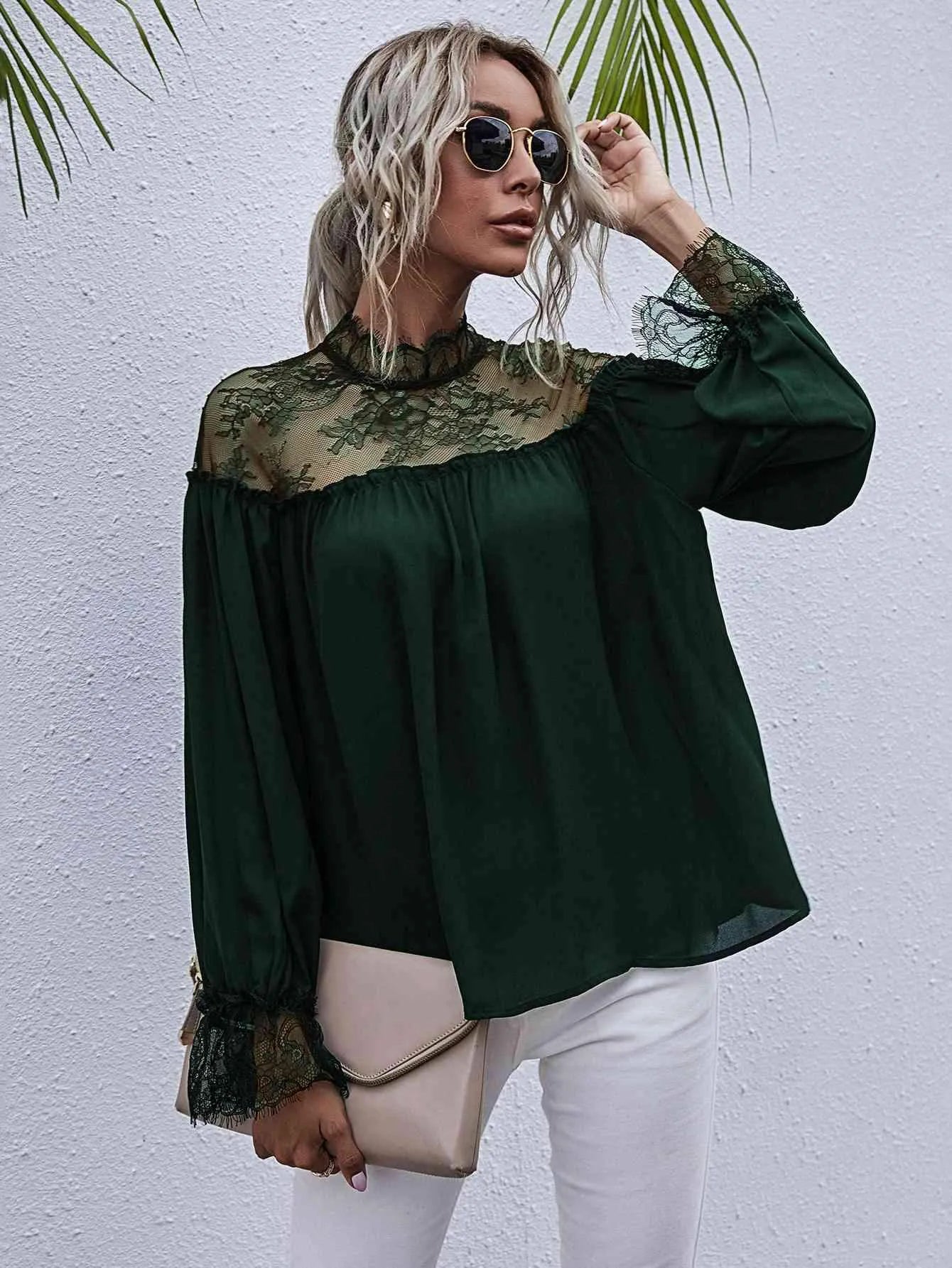 Semi-Sheer Lace Trim Mock Neck Blouse Blouses - Tophatter Daily Deals
