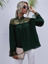 Semi-Sheer Lace Trim Mock Neck Blouse Blouses - Tophatter Daily Deals