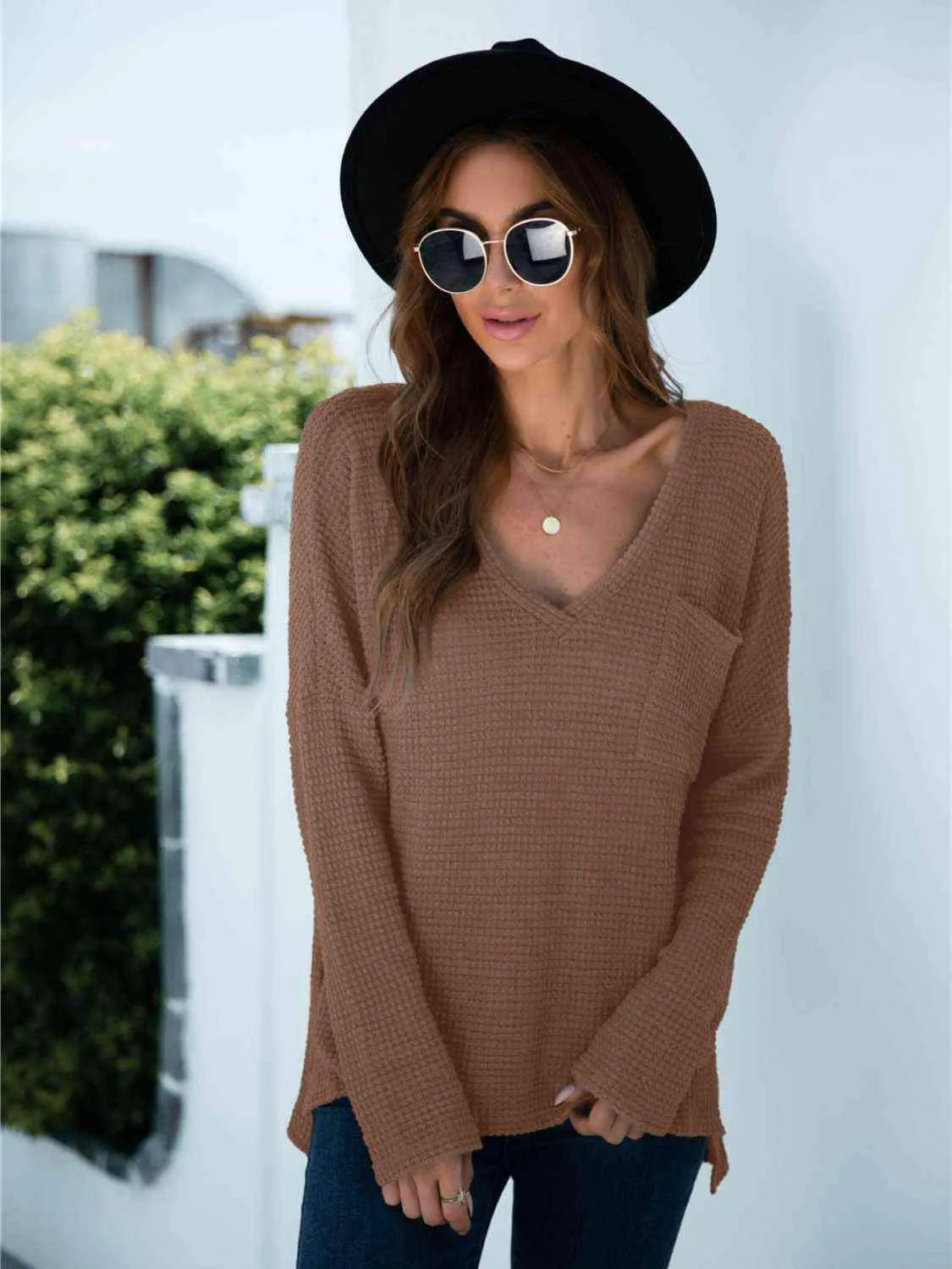 Plunge Slit T-Shirt with Pocket Women's T-Shirts - Tophatter Daily Deals
