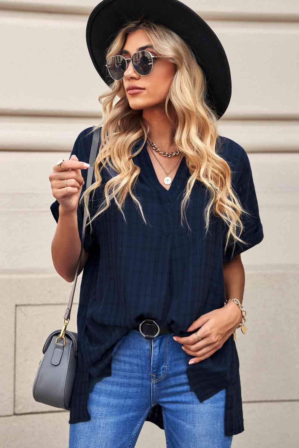 Notched Side Slit Cuffed Blouse Navy Blouses - Tophatter Daily Deals