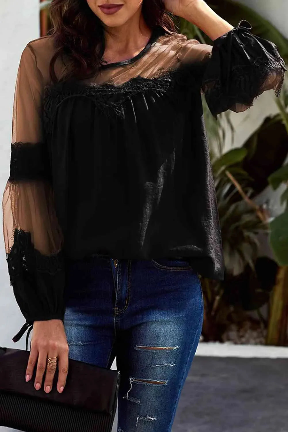 Tied Spliced Mesh Bubble Sleeve Blouse Blouses - Tophatter Daily Deals