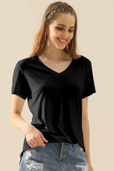 Ninexis Full Size V-Neck Short Sleeve T-Shirt BLACK Women's T-Shirts - Tophatter Daily Deals