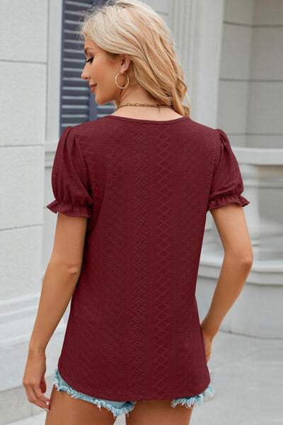 Eyelet Round Neck Flounce Sleeve T-Shirt Women's T-Shirts - Tophatter Daily Deals