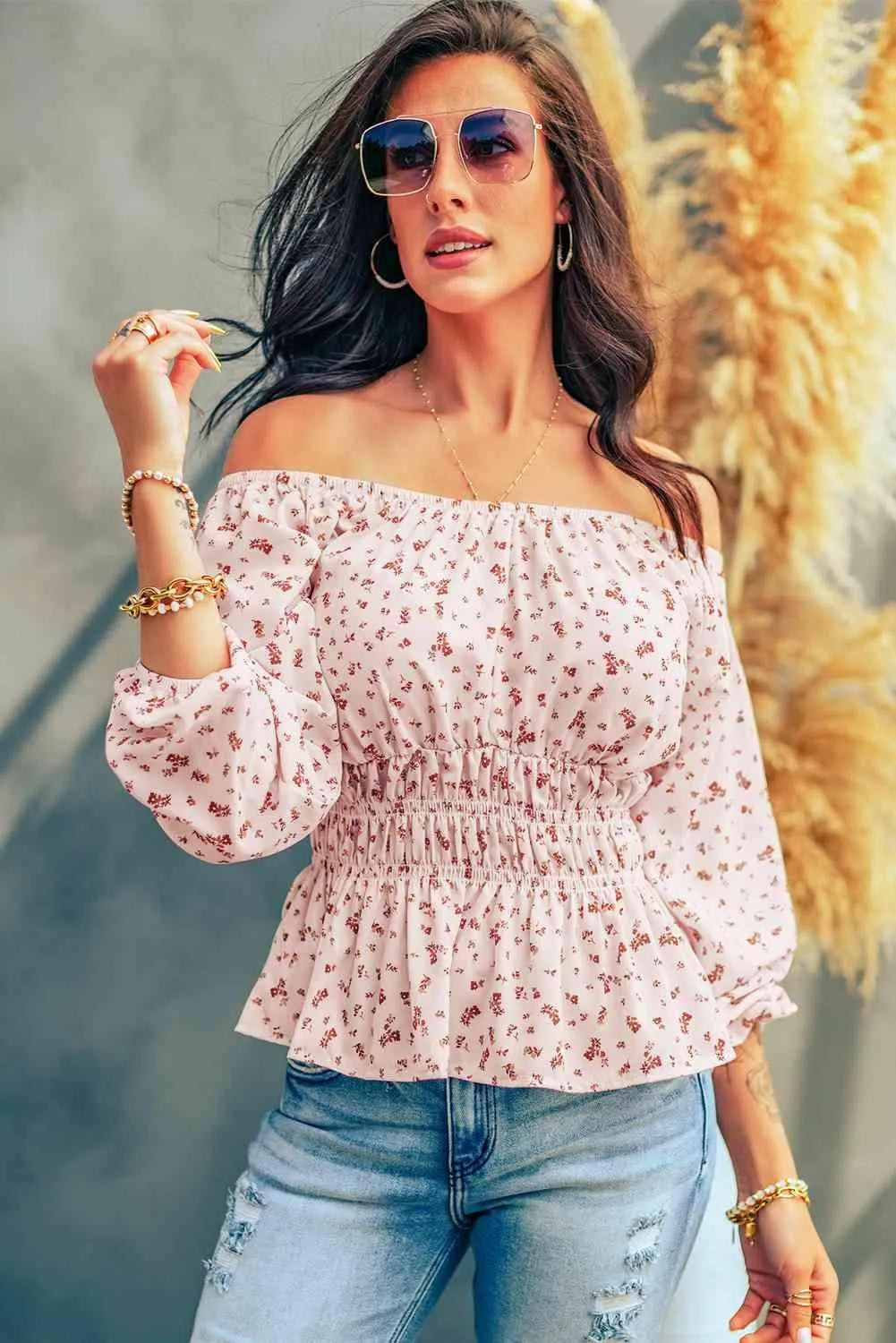 Ditsy Floral Off-Shoulder Peplum Blouse Blouses - Tophatter Daily Deals