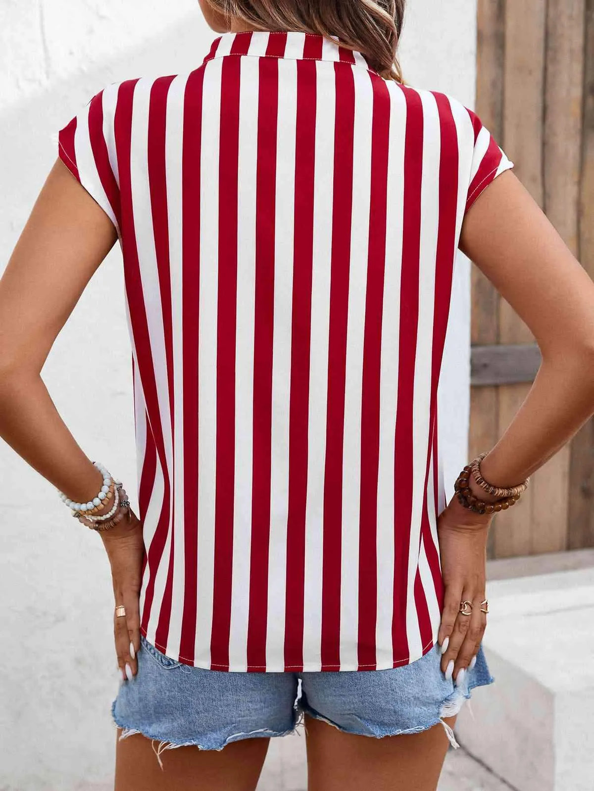 Striped Notched Neck Cap Sleeve Blouse Blouses - Tophatter Daily Deals