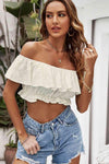 Eyelet Layered Off-Shoulder Cropped Blouse White Blouses - Tophatter Daily Deals