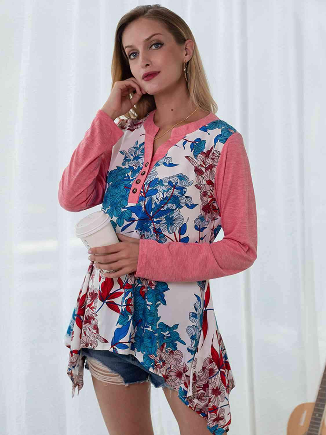 Full Size Floral Buttoned Notched Neck Top Blouses - Tophatter Daily Deals