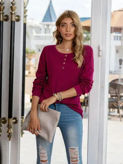 Quarter Button Round Neck Dropped Shoulder T-Shirt Wine Women's T-Shirts - Tophatter Daily Deals