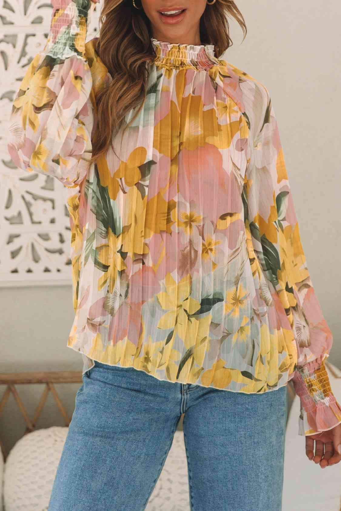 Floral Smocked Mock Neck Pleated Blouse Blouses - Tophatter Daily Deals