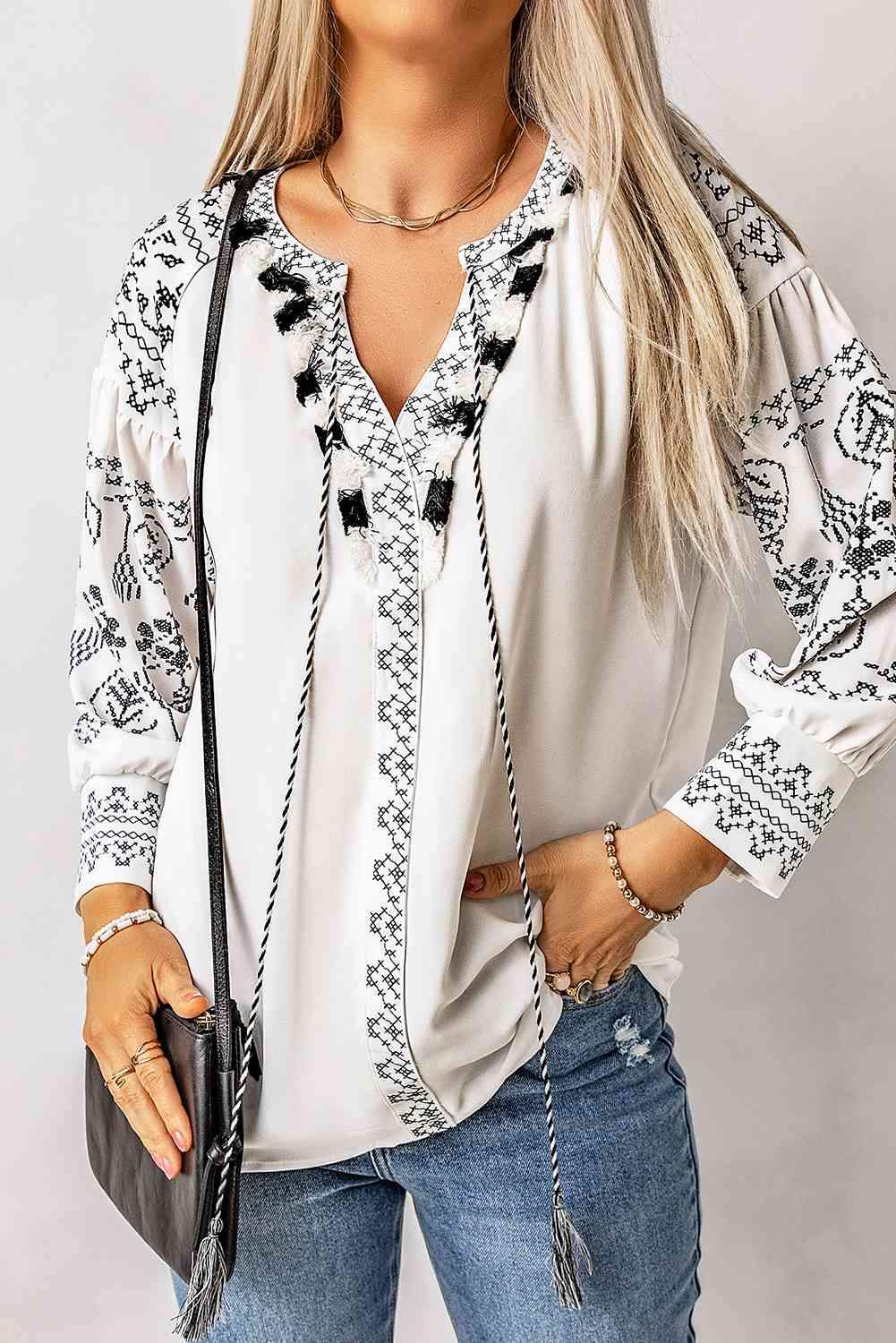 Printed Tassel Tie Puff Sleeve Blouse Blouses - Tophatter Daily Deals