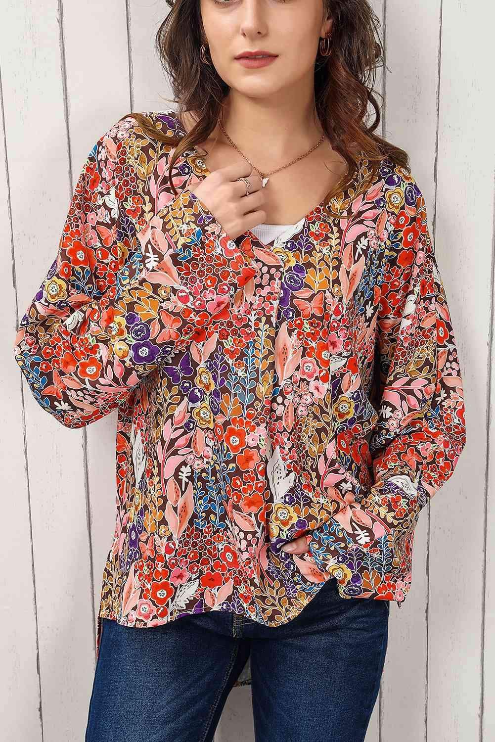 Double Take Floral V-Neck Long Sleeve Blouse Floral Blouses - Tophatter Daily Deals