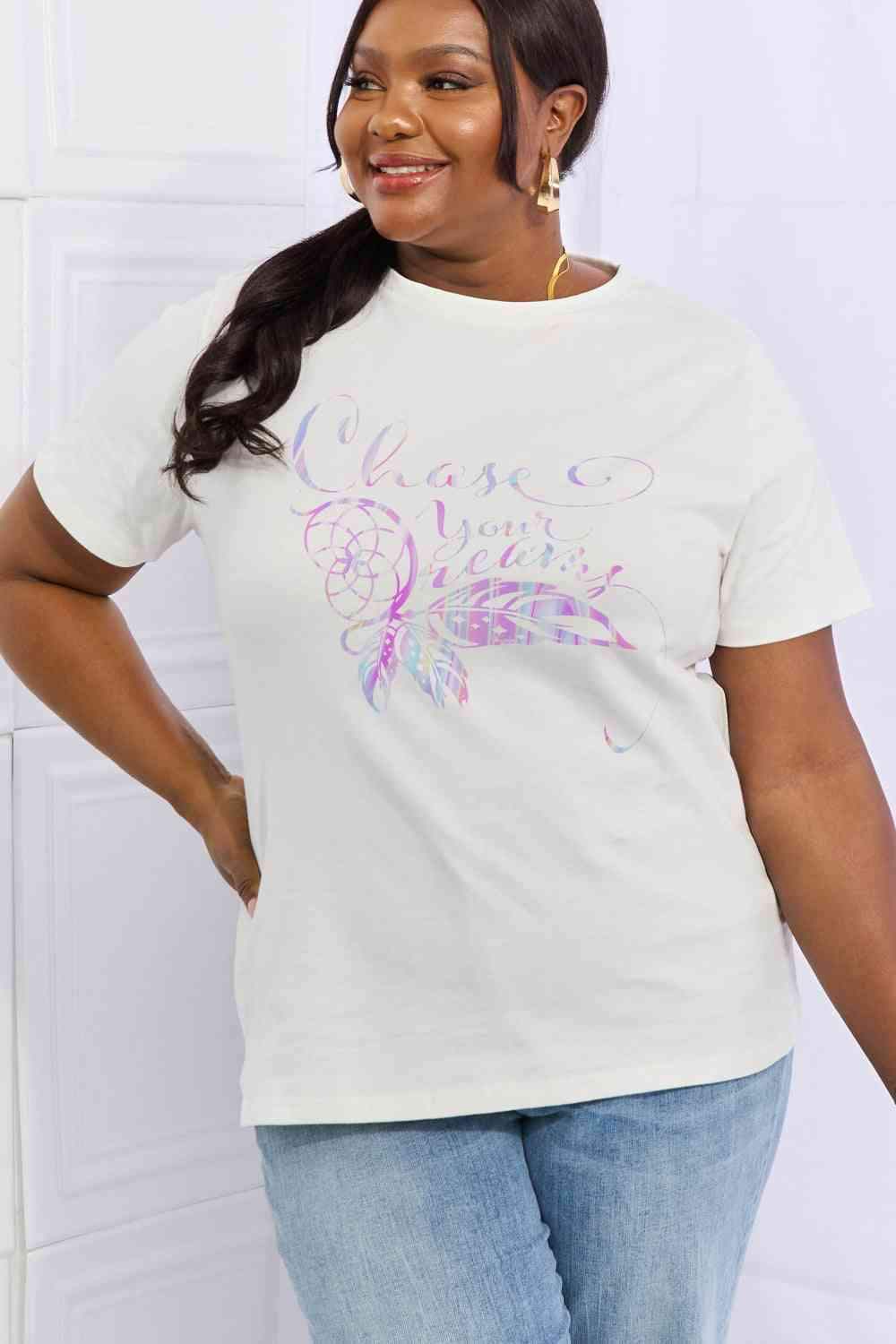 Simply Love Full Size CHASE YOUR DREAMS Graphic Cotton Tee Women's T-Shirts - Tophatter Daily Deals