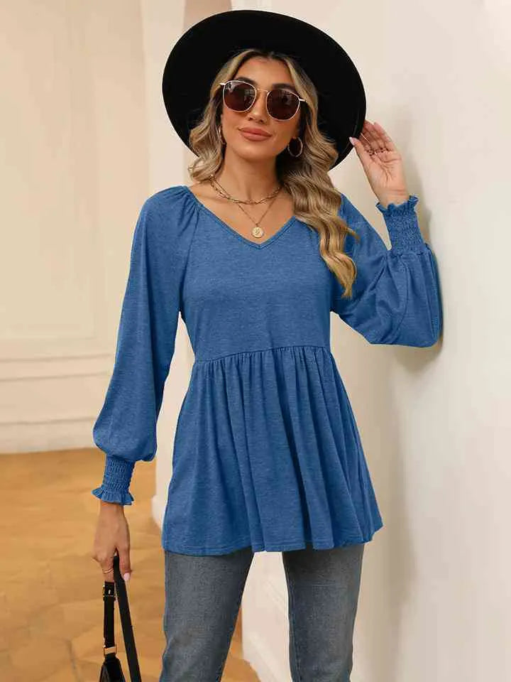 V-Neck Lantern Sleeve Blouse Sky Blue Blouses - Tophatter Daily Deals