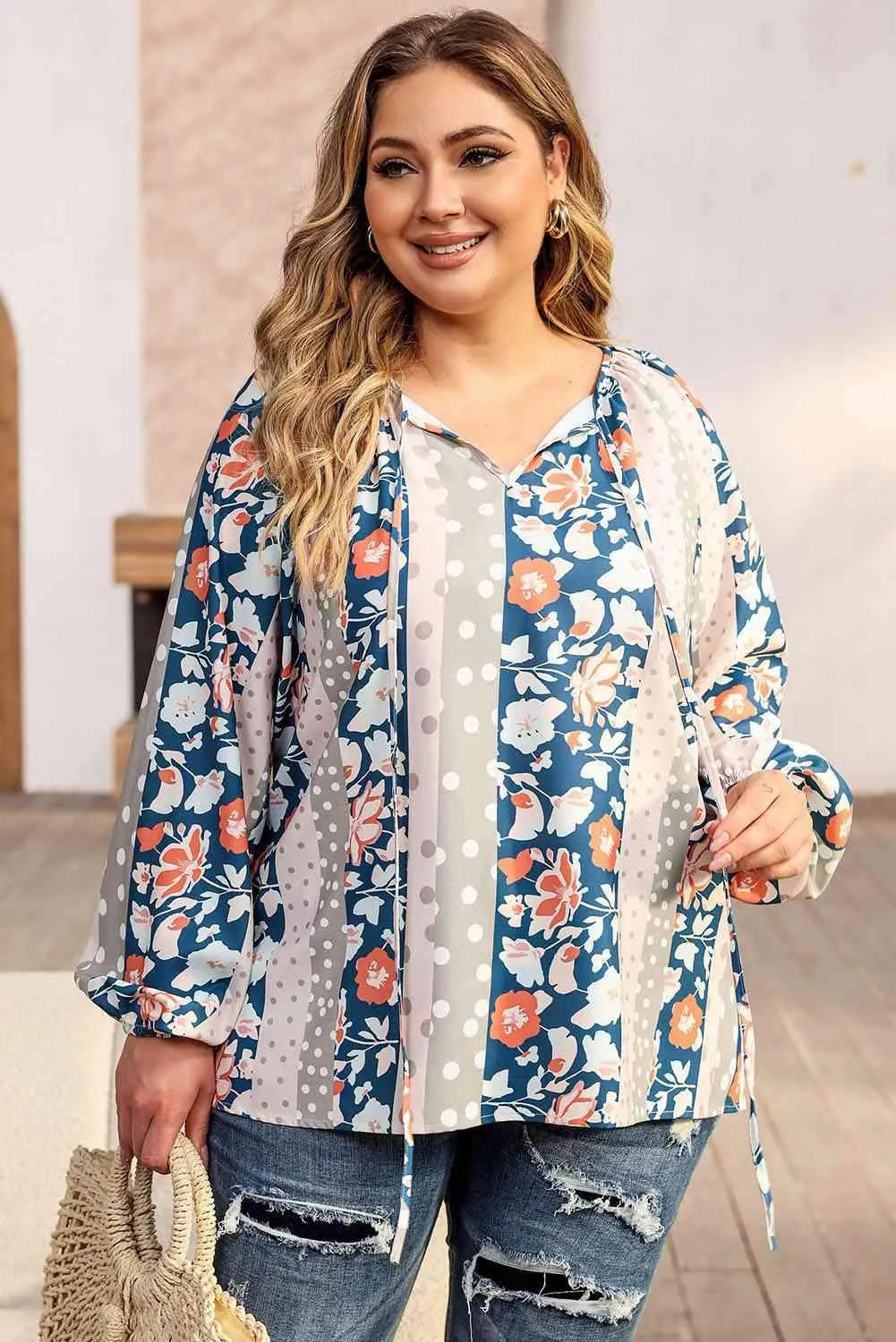 Plus Size Floral Tie Neck Blouse Blouses - Tophatter Daily Deals