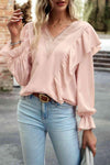 V-Neck Flounce Sleeve Ruffle Trim Blouse Blouses - Tophatter Daily Deals