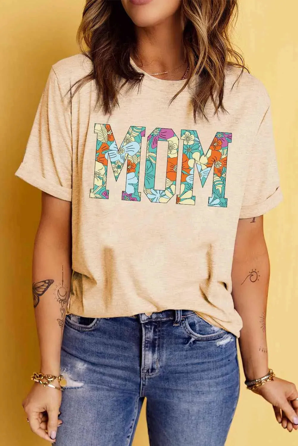 MOM Floral Graphic T-Shirt Light Apricot Women's T-Shirts - Tophatter Daily Deals
