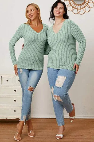 Basic Bae Full Size Ribbed V-Neck Long Sleeve T-Shirt Women's T-Shirts - Tophatter Daily Deals