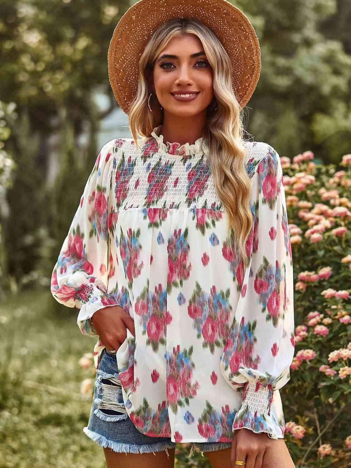 Floral Smocked Lantern Sleeve Blouse Blouses - Tophatter Daily Deals