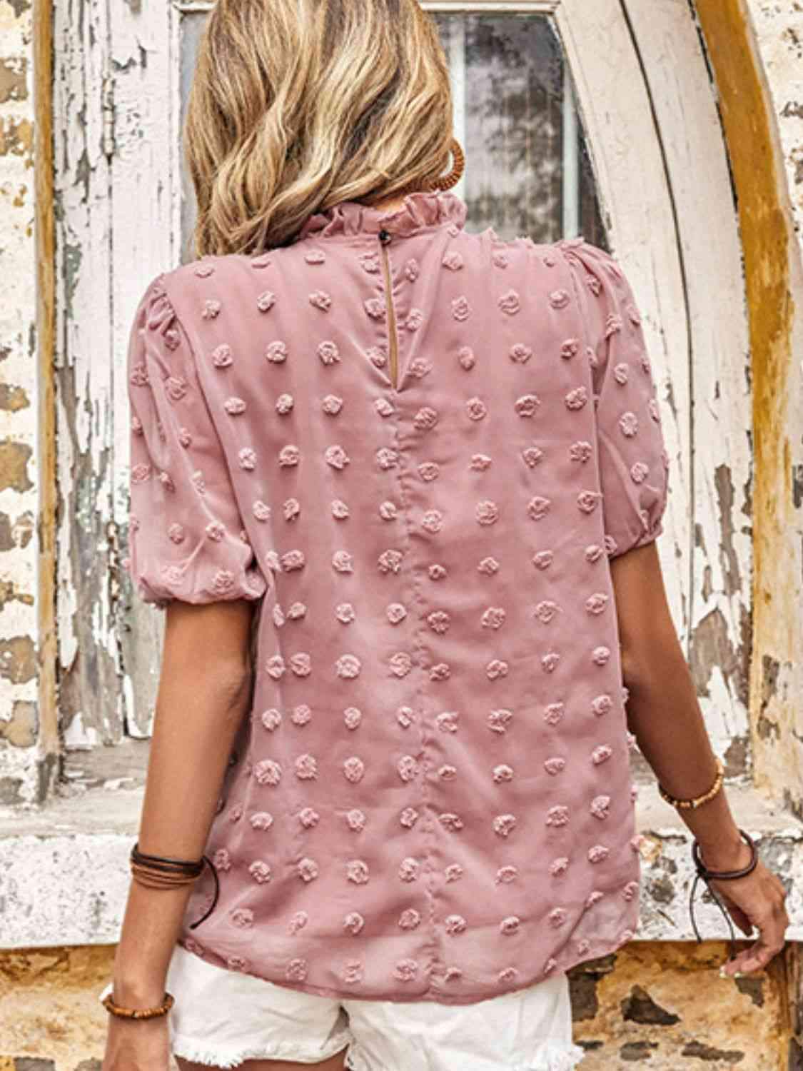 Swiss Dot Ruched Frill Trim Top Blouses - Tophatter Daily Deals