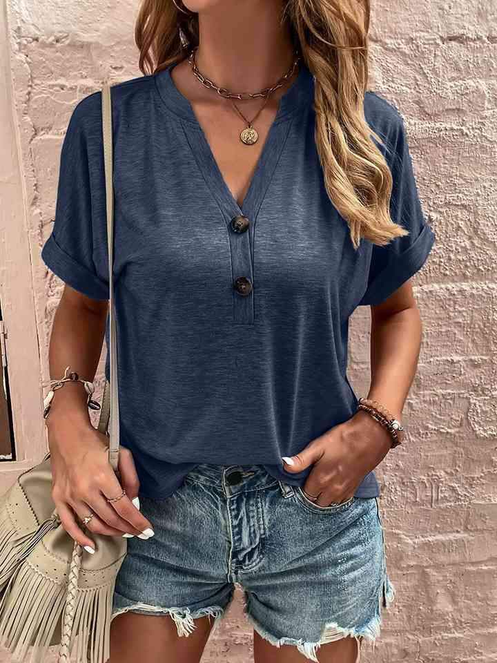 Notched Neck Short Sleeve Blouse Blouses - Tophatter Daily Deals