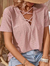 Crisscross V-Neck Eyelet Top Women's T-Shirts - Tophatter Daily Deals
