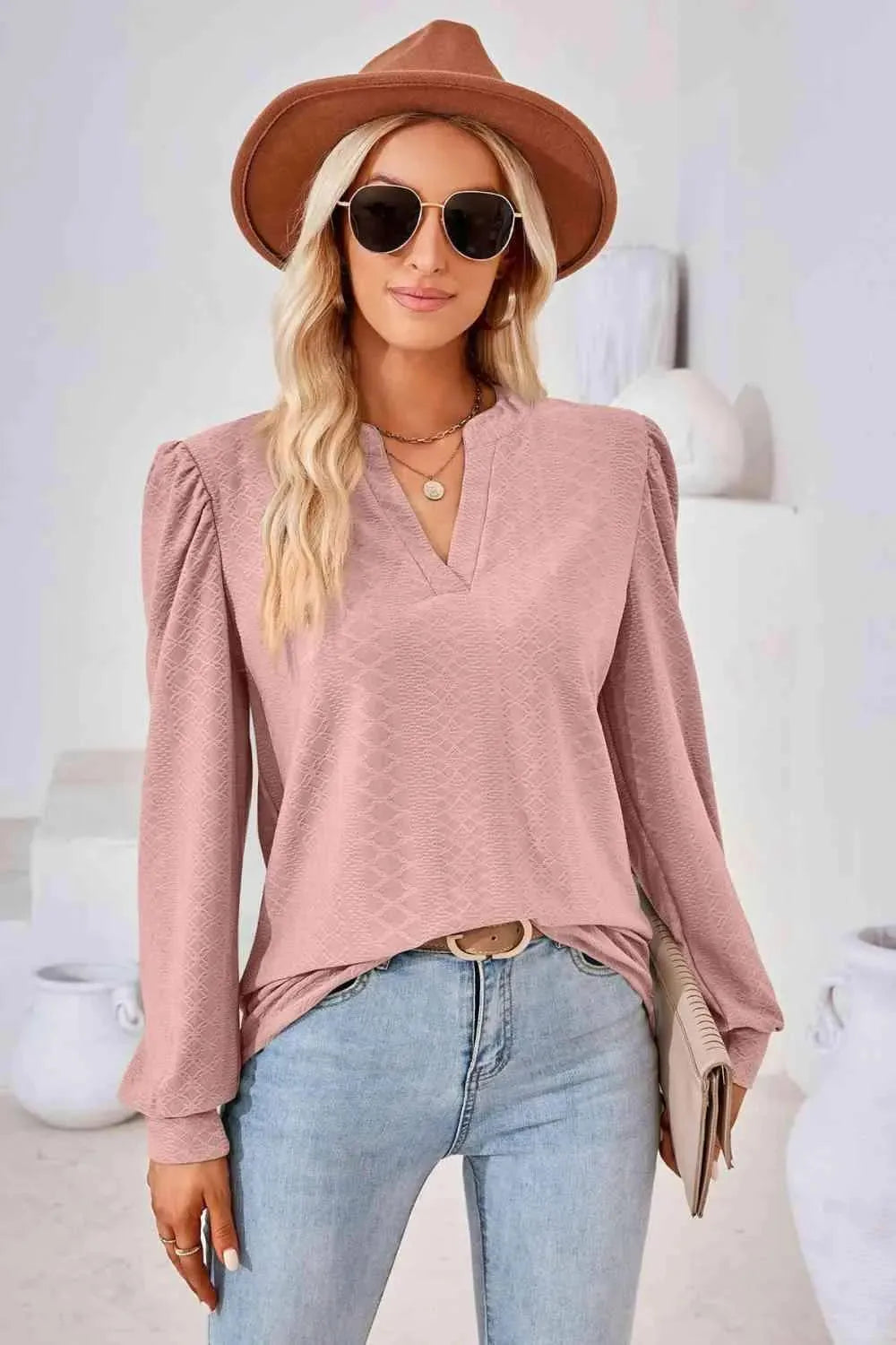 V-Neck Puff Sleeve Blouse Dusty Pink Blouses - Tophatter Daily Deals