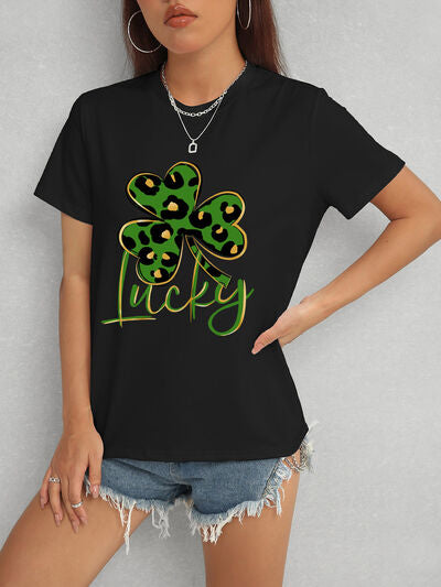 Lucky Clover Round Neck Short Sleeve T-Shirt Women's T-Shirts - Tophatter Daily Deals