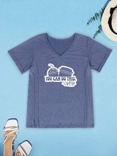 YOU CAN DO THIS COFFEE V-Neck Short Sleeve T-Shirt Dusty Blue Women's T-Shirts - Tophatter Daily Deals