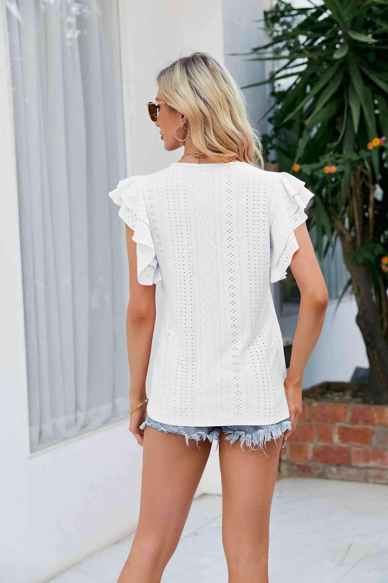 Round Neck Flutter Sleeve Eyelet Blouse Blouses - Tophatter Daily Deals