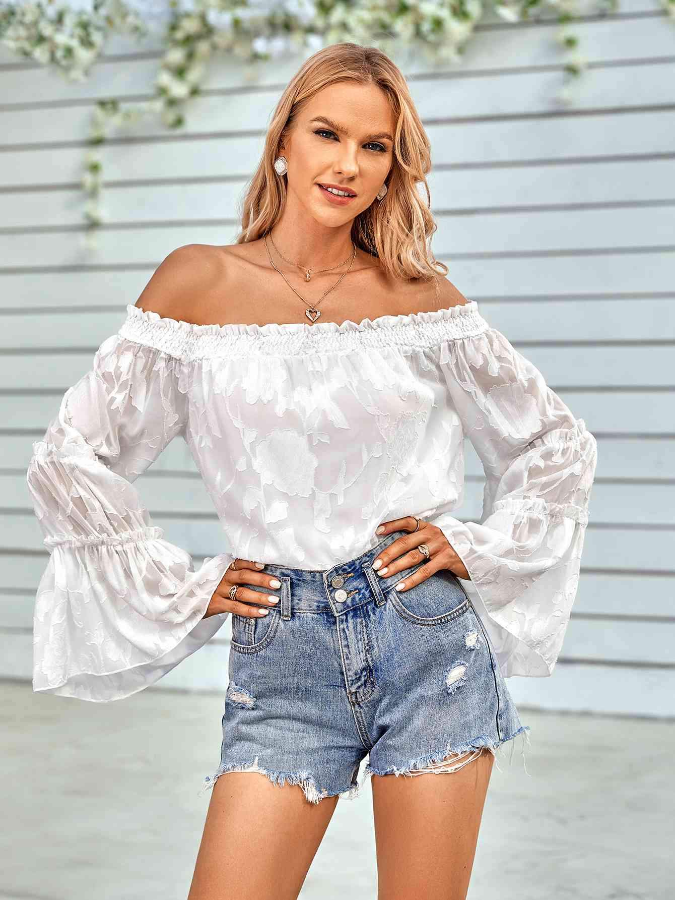 Applique Flounce Sleeve Off-Shoulder Blouse White Blouses - Tophatter Daily Deals