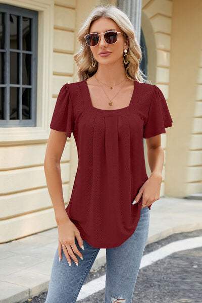 Eyelet Square Neck Short Sleeve T-Shirt Women's T-Shirts - Tophatter Daily Deals