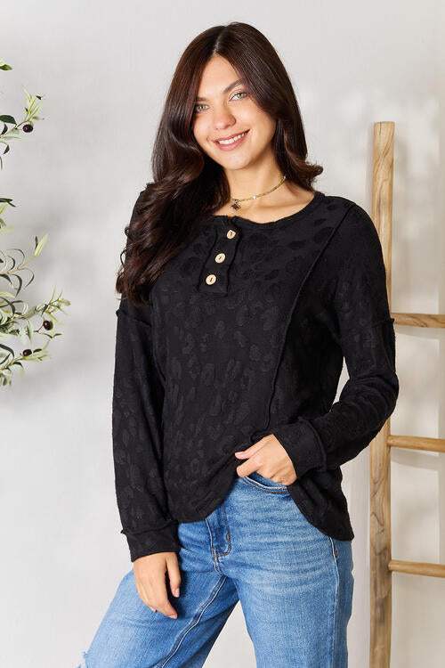 BOMBOM Textured Exposed Seam Buttoned Blouse Blouses - Tophatter Daily Deals