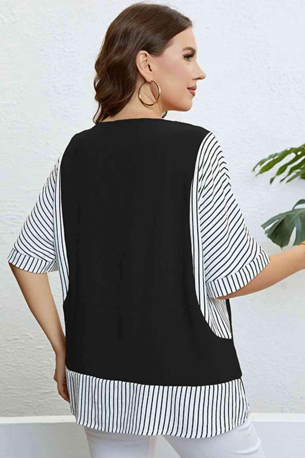 Plus Size Striped Round Neck Half Sleeve Top Blouses - Tophatter Daily Deals