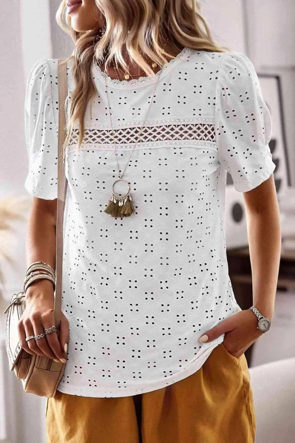 Spliced Lace Short Puff Sleeve Top White Blouses - Tophatter Daily Deals