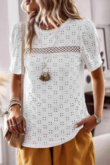 Spliced Lace Short Puff Sleeve Top White Blouses - Tophatter Daily Deals