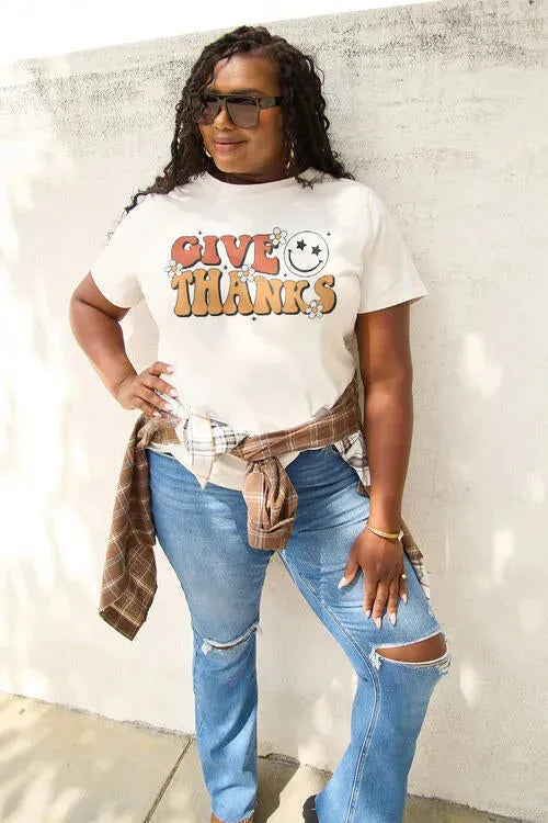 Simply Love Full Size GIVE THANKS Short Sleeve T-Shirt Women's T-Shirts - Tophatter Daily Deals