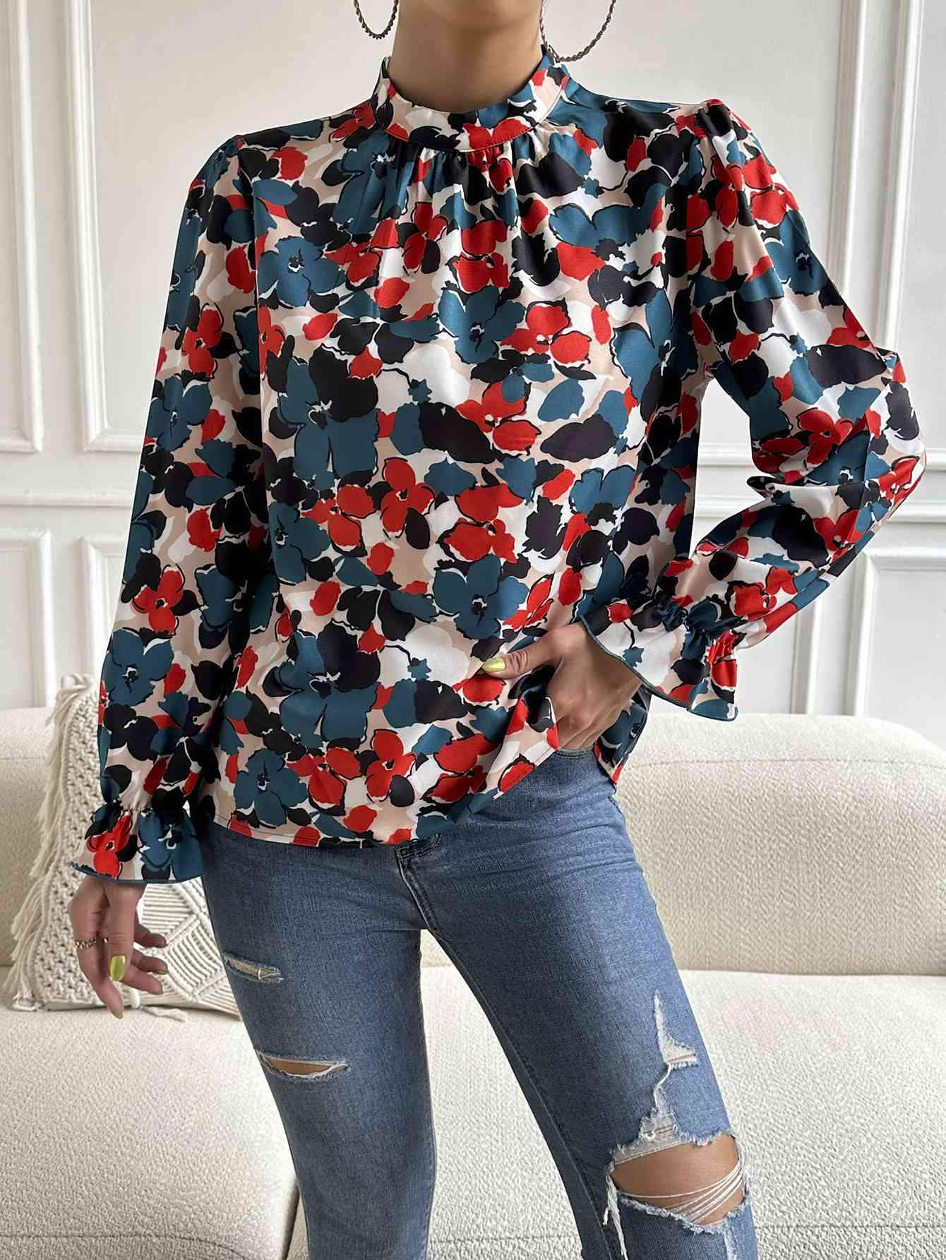 Floral Mock Neck Long Flounce Sleeve Blouse Blouses - Tophatter Daily Deals