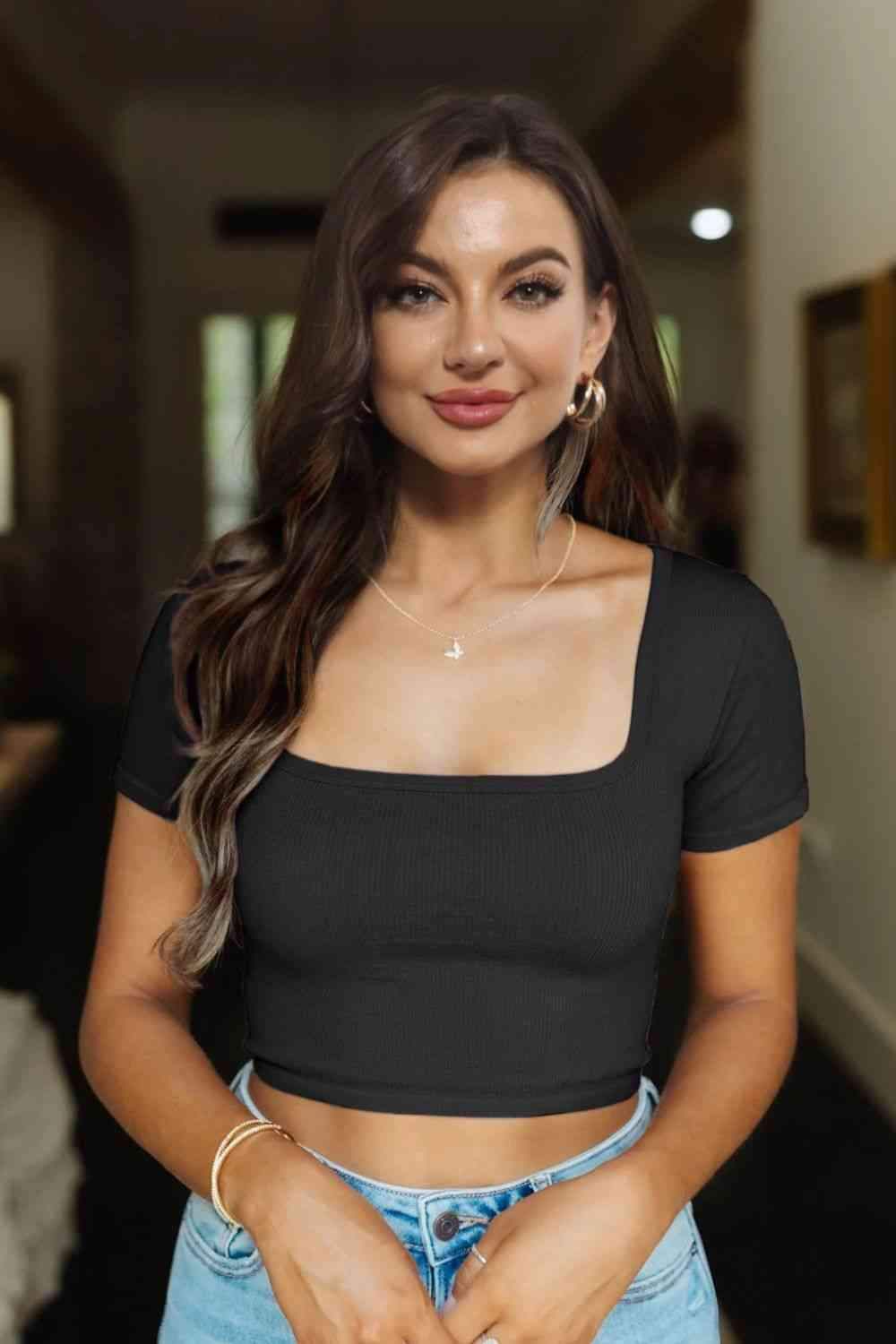 Square Neck Ribbed Crop Top Black Blouses - Tophatter Daily Deals