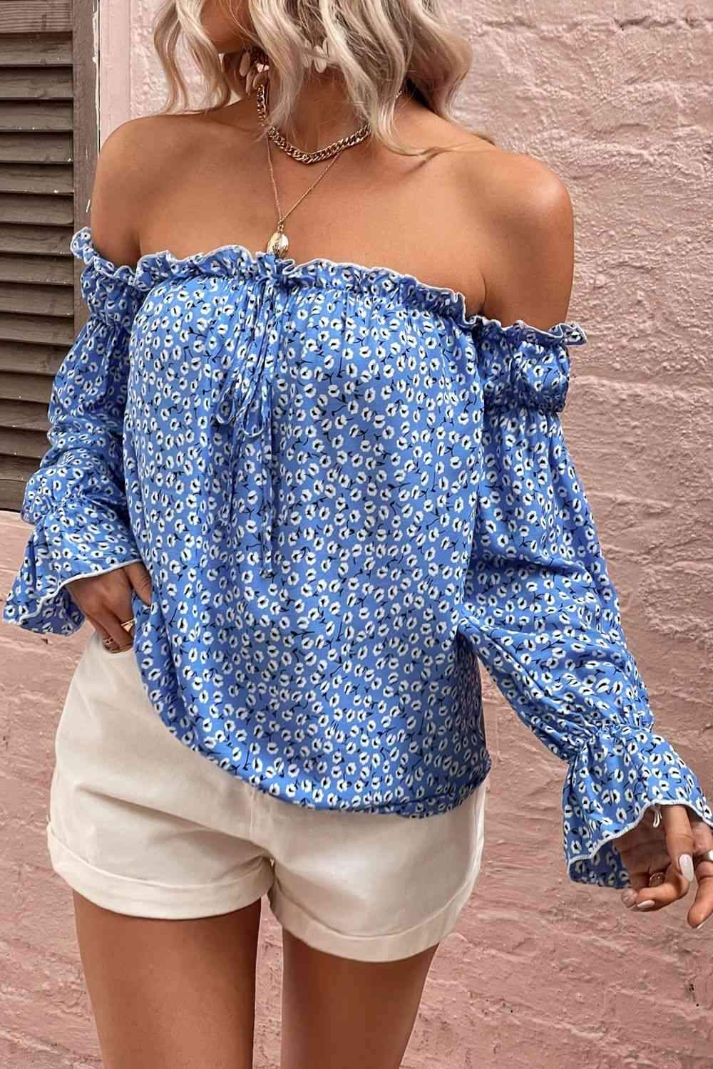 Off Shoulder Printed Frill Trim Blouse Cobalt Blue Blouses - Tophatter Daily Deals