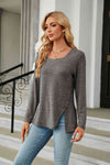 Square Neck Long Sleeve Slit T-Shirt Women's T-Shirts - Tophatter Daily Deals