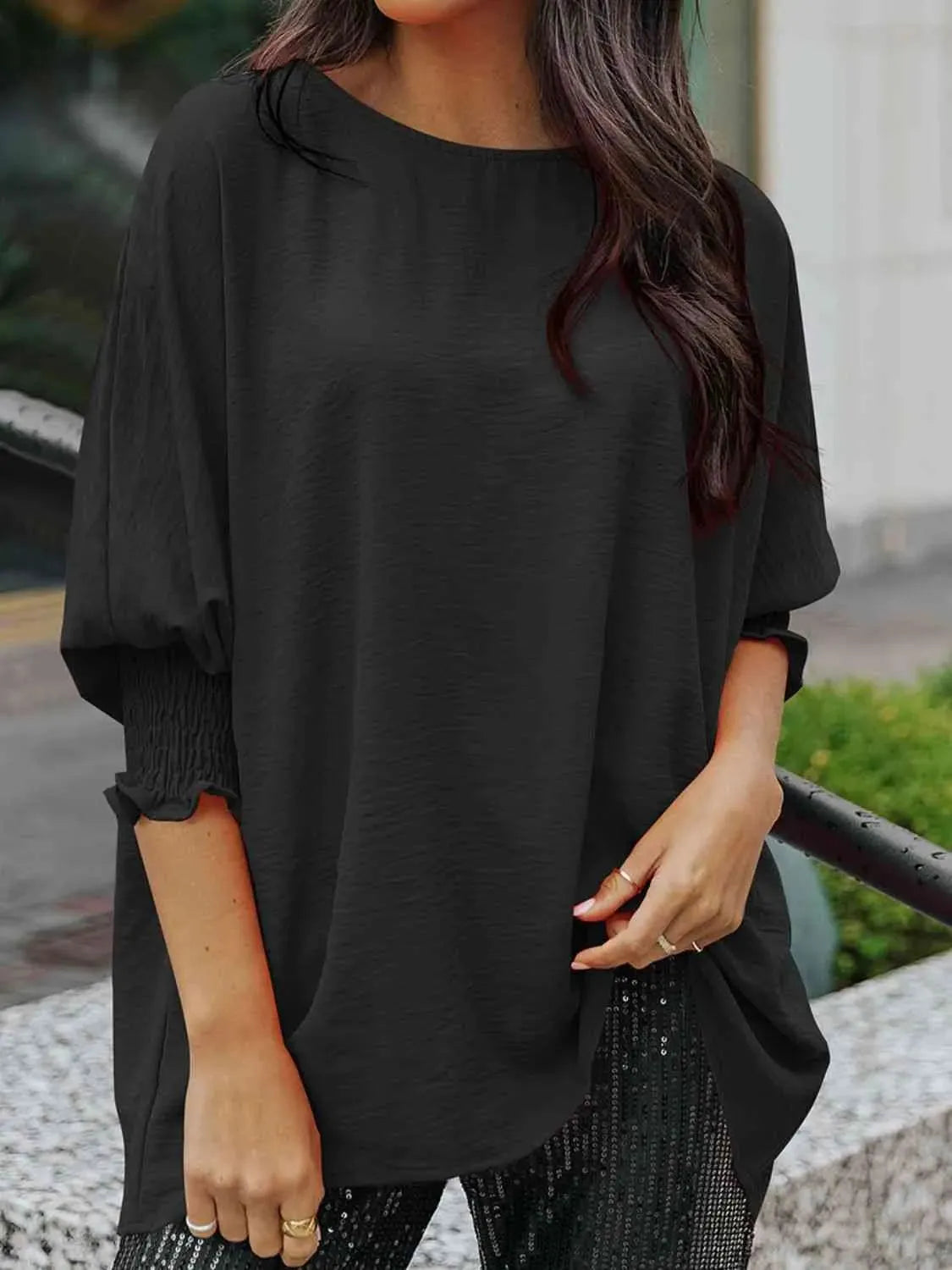 Boat Neck Three-Quarter Sleeve Blouse Black Blouses - Tophatter Daily Deals