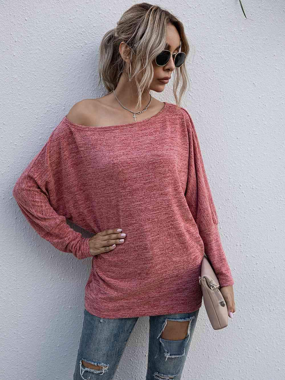 Heathered Boat Neck Long Sleeve Tee Women's T-Shirts - Tophatter Daily Deals