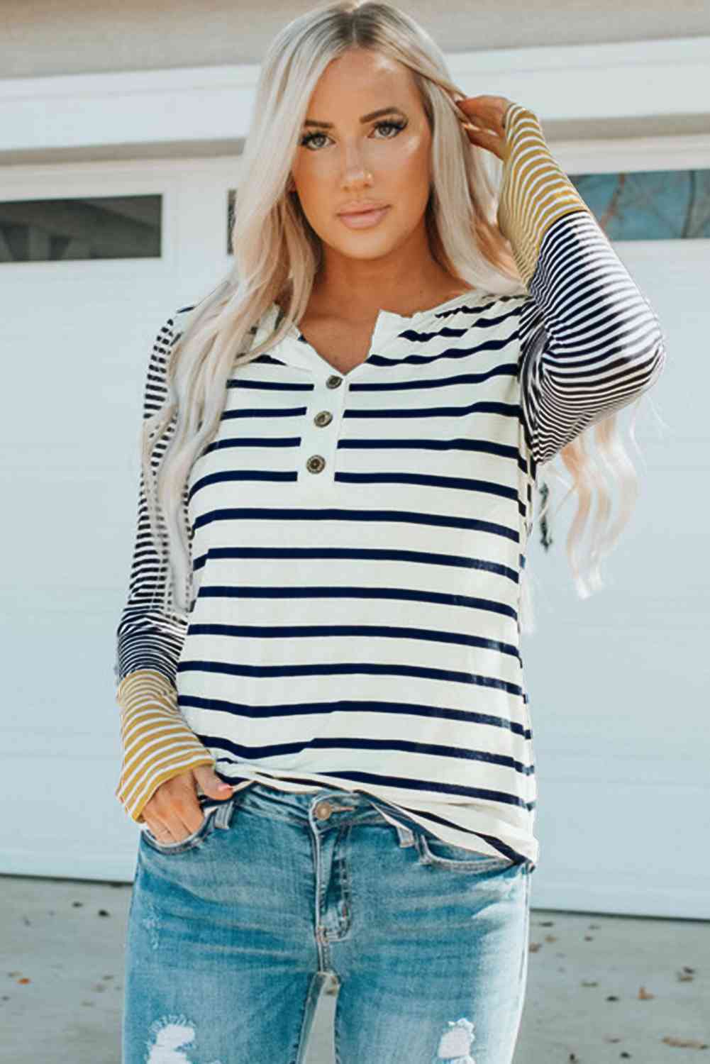 Striped Buttoned Long Sleeve Top White Black Women's T-Shirts - Tophatter Daily Deals