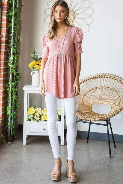 Heimish Full Size Waffle Knit V-Neck Babydoll Top Blouses - Tophatter Daily Deals