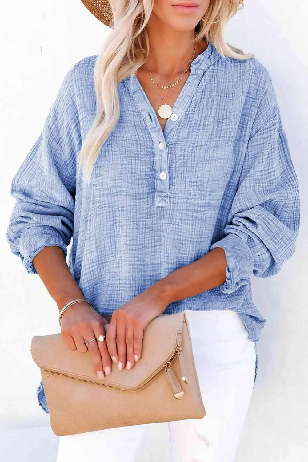 Buttoned Long Sleeve Blouse Blouses - Tophatter Daily Deals
