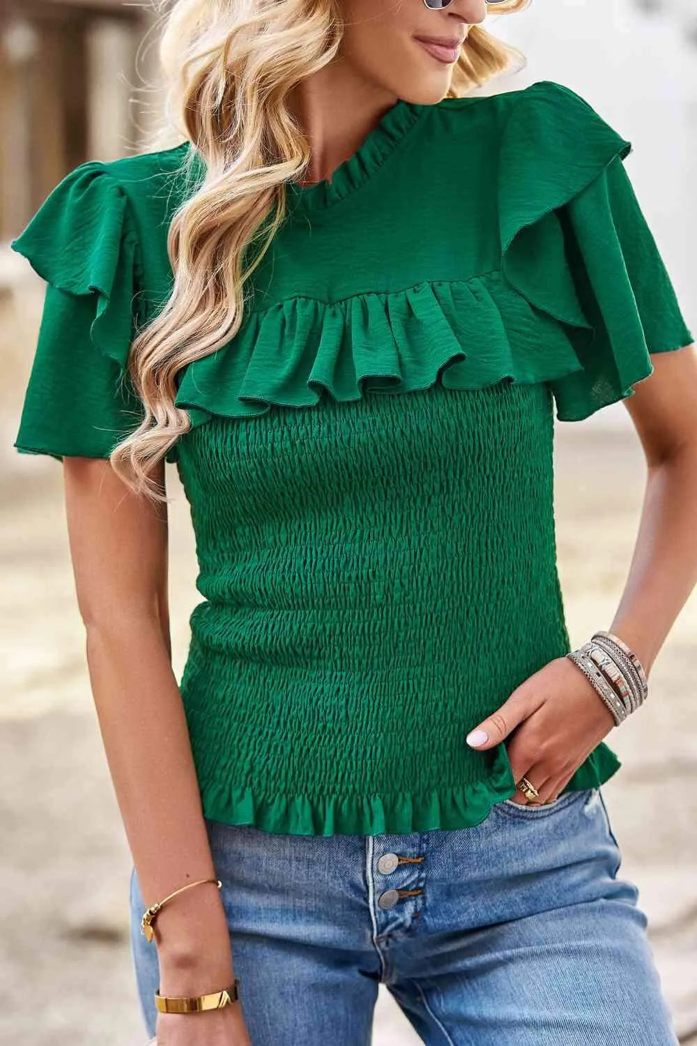 Smocked Tie Back Flutter Sleeve Blouse Blouses - Tophatter Daily Deals