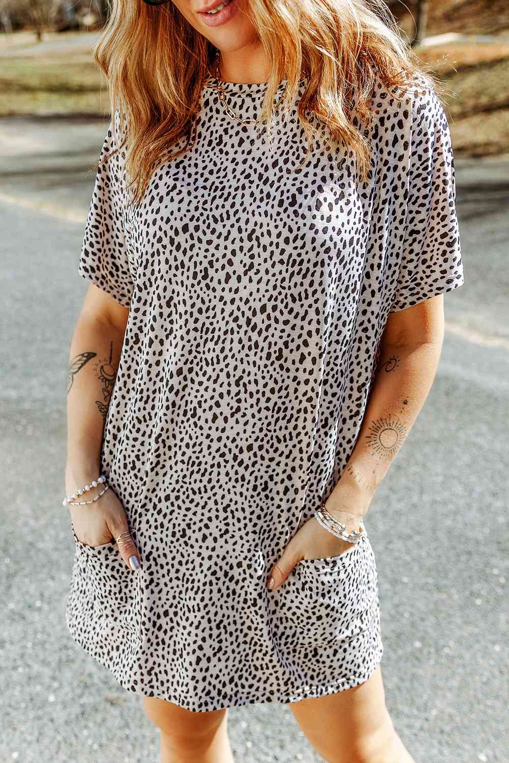 Animal Print Round Neck Tunic Tee with Pockets Women's T-Shirts - Tophatter Daily Deals