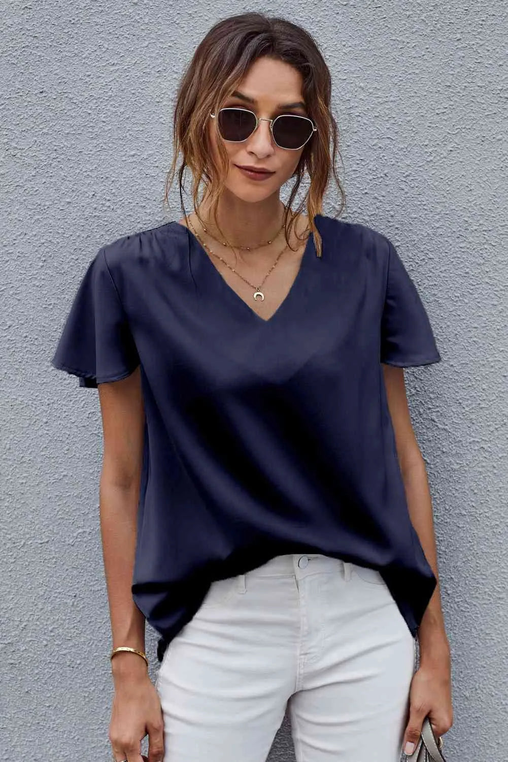 V-Neck Flutter Sleeve Blouse Navy Blouses - Tophatter Daily Deals