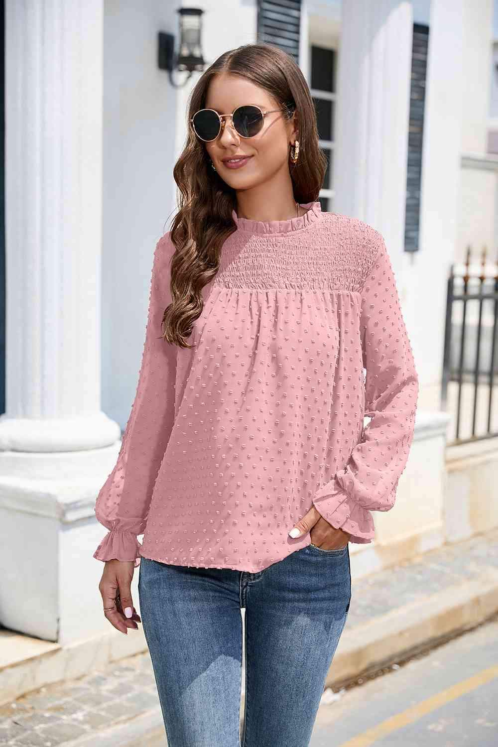 Smocked Mock Neck Swiss Dot Top Blouses - Tophatter Daily Deals